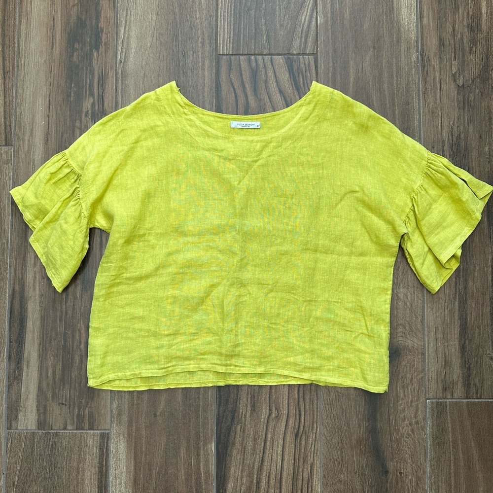 Viola Borghi Italy 100% Linen Ruffle Sleeve‎ Top Chartreuse Lime Green Medium